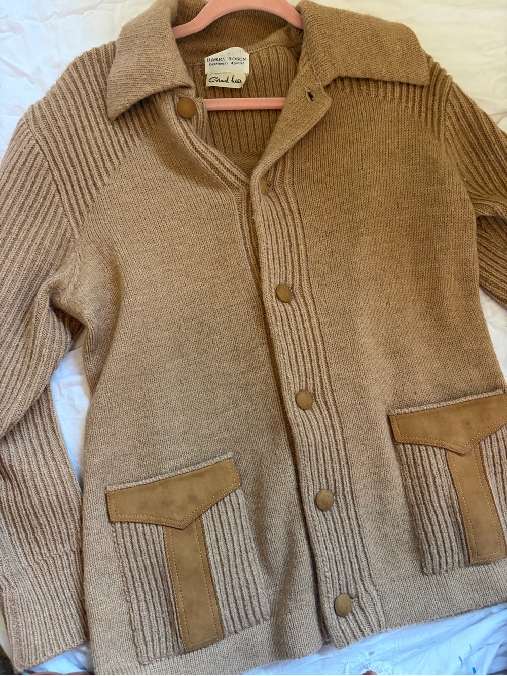 Vintage Harry Rosen Camel Hair Cardigan Leather Trim Grandpa Old Money Sweater
